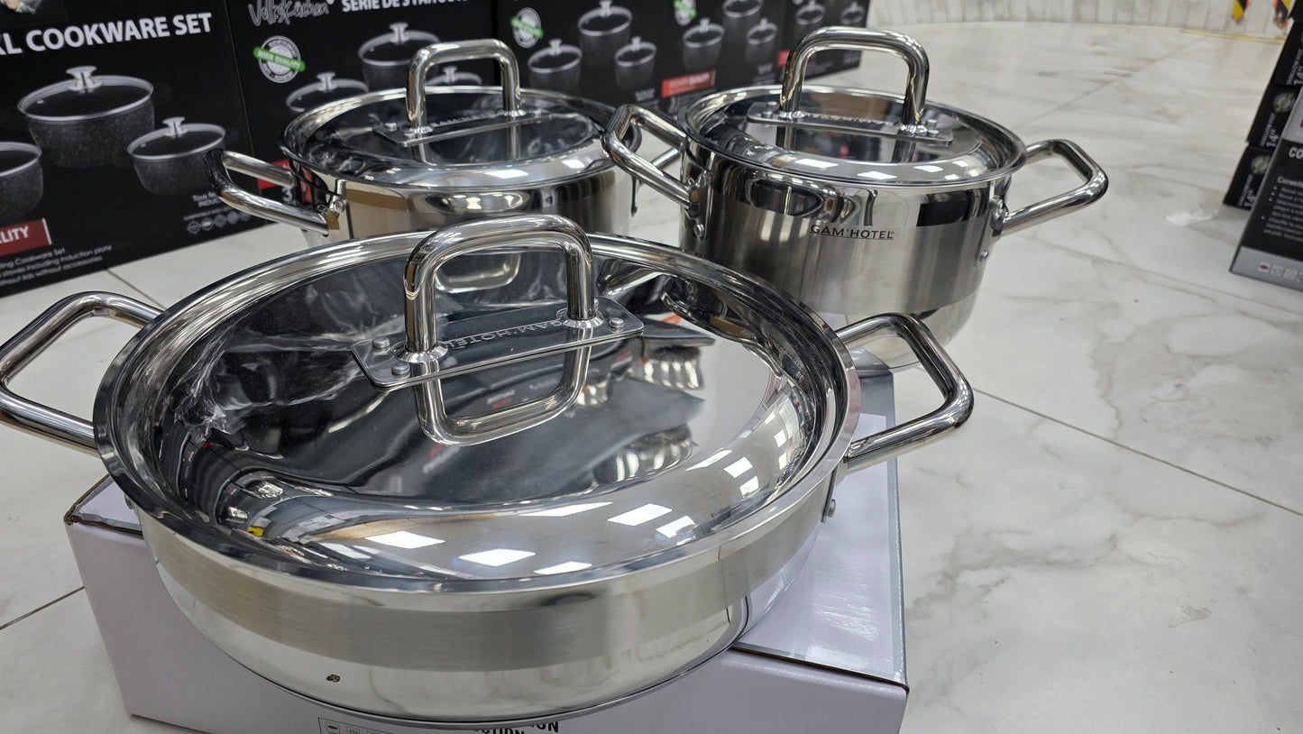 Ensemble de 3 produits professionnel : marmite 24 cm+ faitout 28 cm+ sautoir 36cm