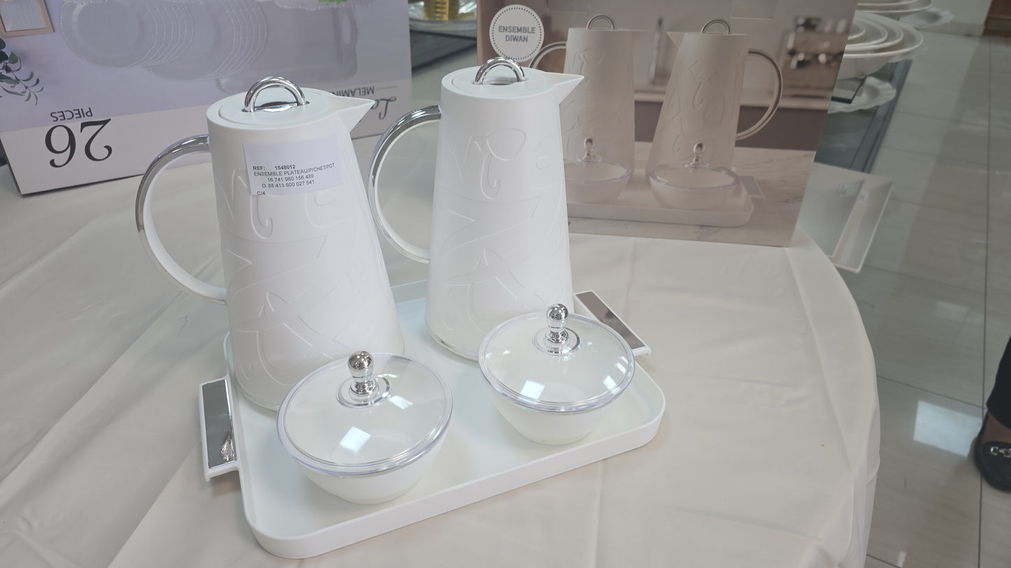 Ensemble de 2 thermos BLANC + 2 sucriers blancs+ un plateau blanc