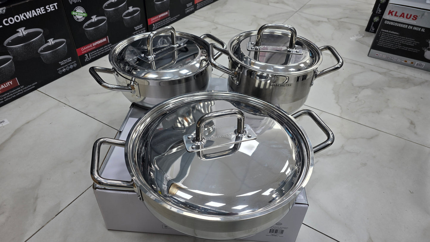 Ensemble de 3 produits professionnel :  marmite 24 cm+ faitout 28 cm+ sautoir 36cm